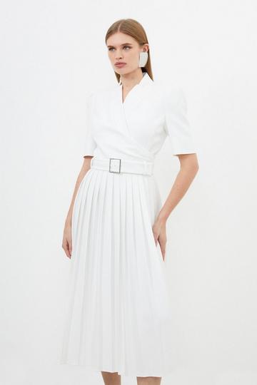 Structured Crepe Notch Neck Wrap Belted Forever Midi Dress ivory