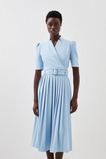 Structured Crepe Notch Neck Wrap Belted Forever Midi Dress pale blue