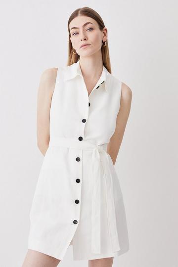 Linen Nautical Button Detail Shirt Mini Dress ivory