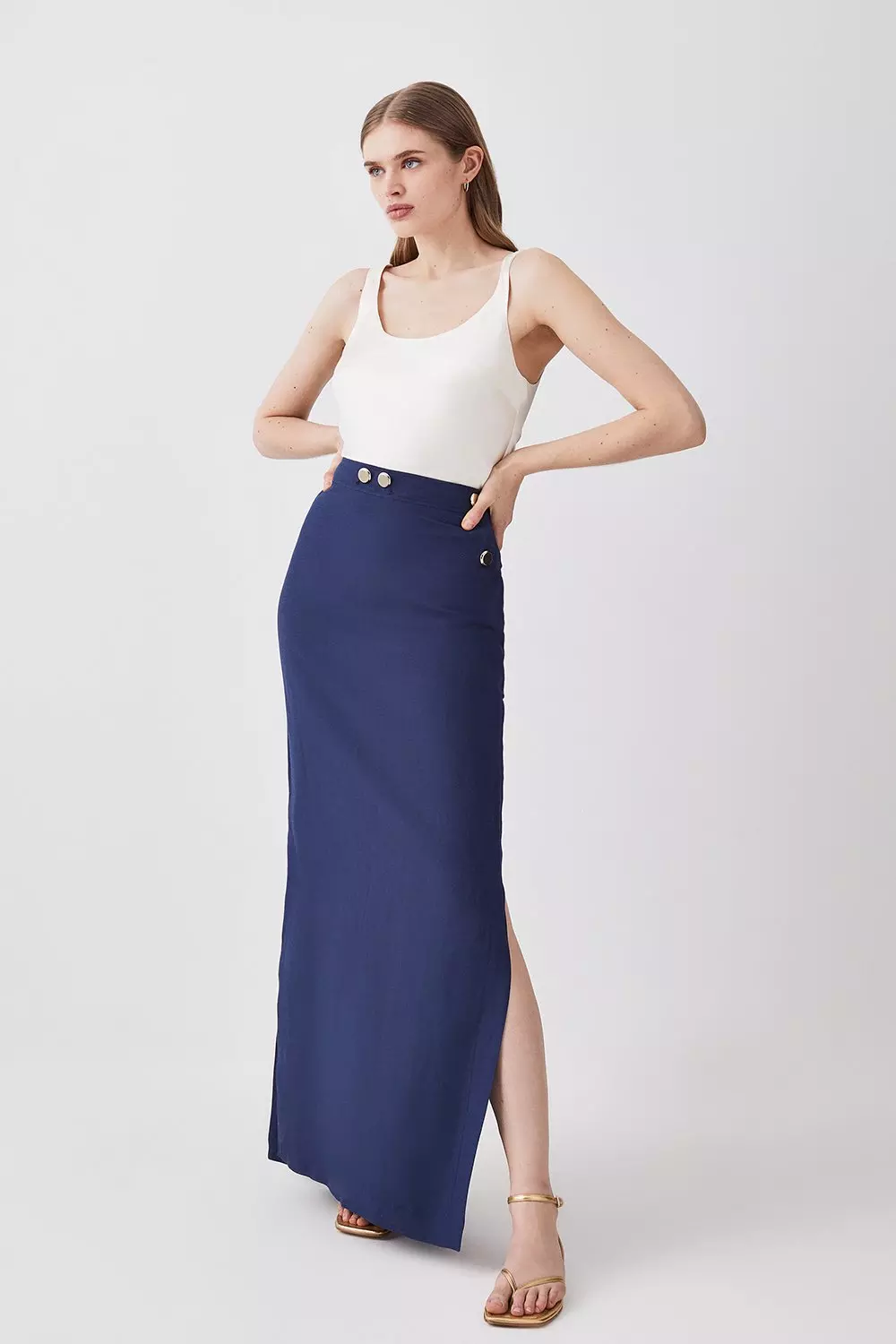 Linen Nautical Button Detail Midi Skirt Karen Millen