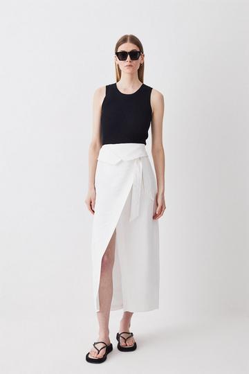 Linen Wrap Belted Midi Skirt ivory