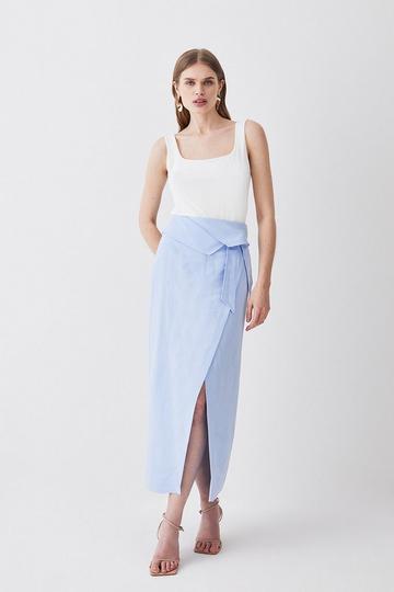 Blue Linen Wrap Belted Midi Skirt