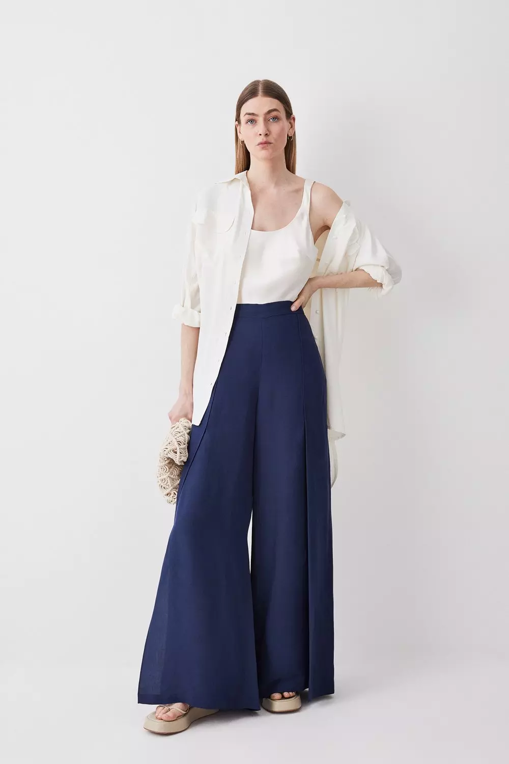 MODERN LINEN-STRETCH SLIT-HEM PANTS