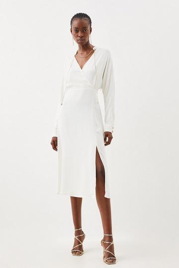 Collar Detail Wrap Front Long Sleeve Midi Dress cream