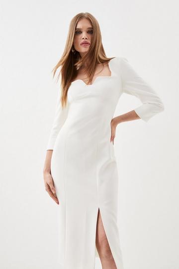 Structured Crepe Sweetheart Neck Split Front Midaxi Dress ivory