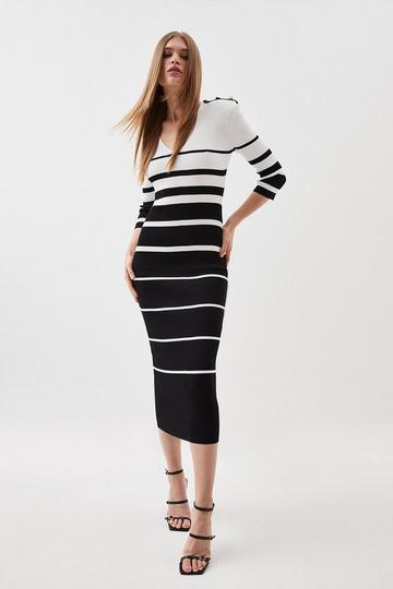 Viscose Blend Striped Rib Knit Military Trim Dress With Power Shoulder stripe