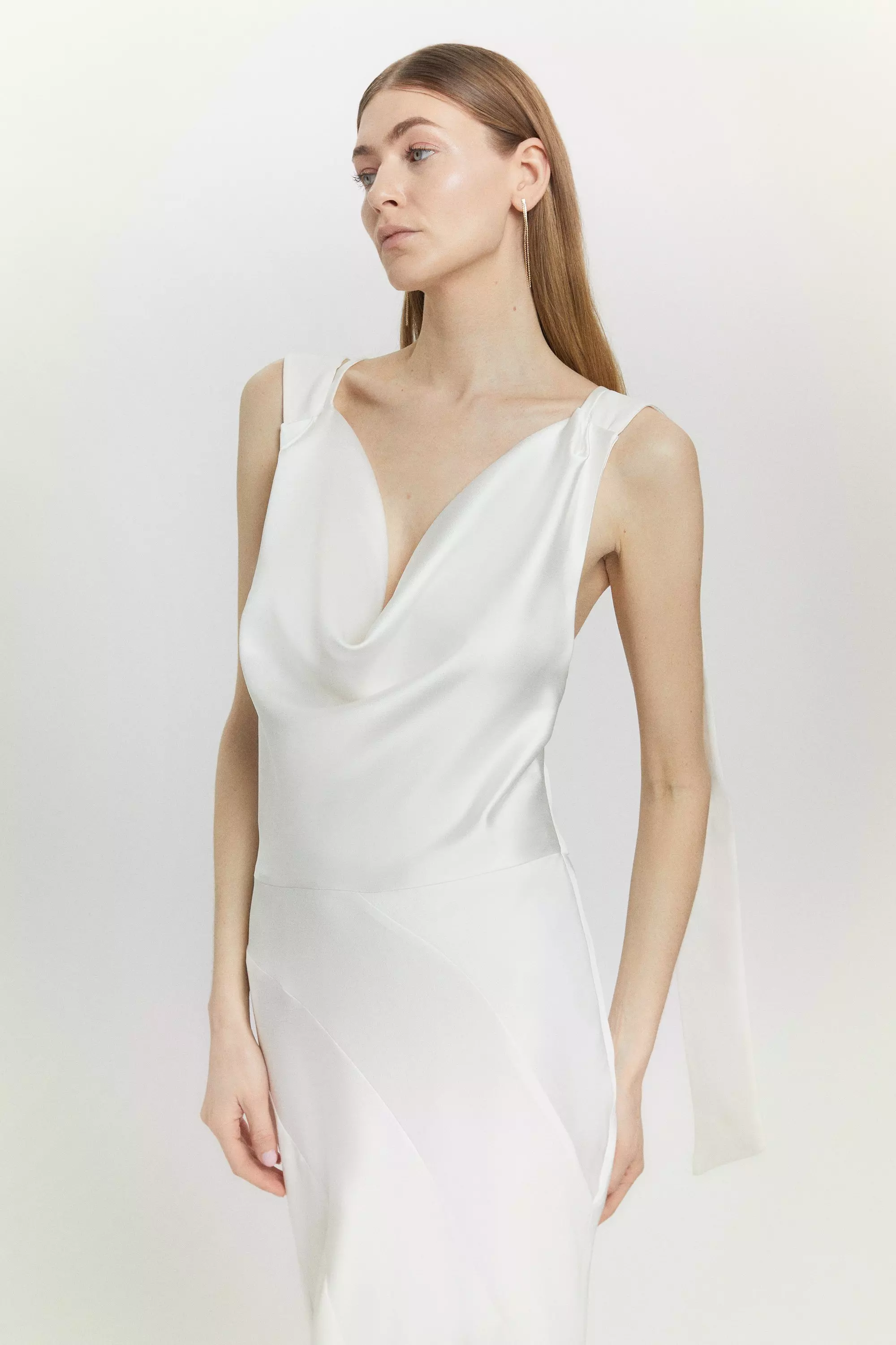 Vannavari Ivory Cowl Neck Satin Maxi Dress