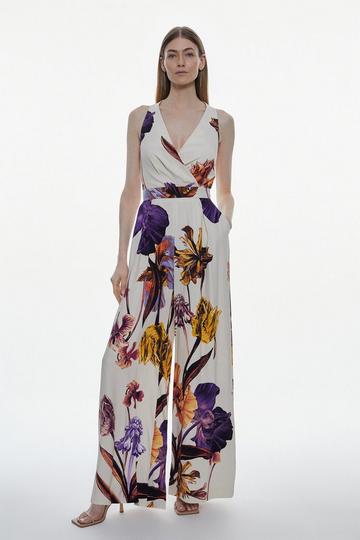Tall Satin Crepe Drama Floral Belted Jumpsuit floral