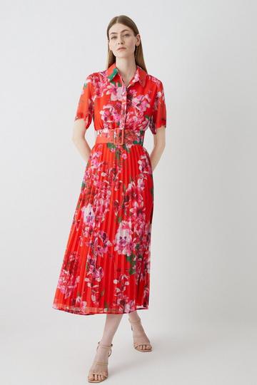 Floral Hydrangea Georgette Pleated Midi Shirt Dress red