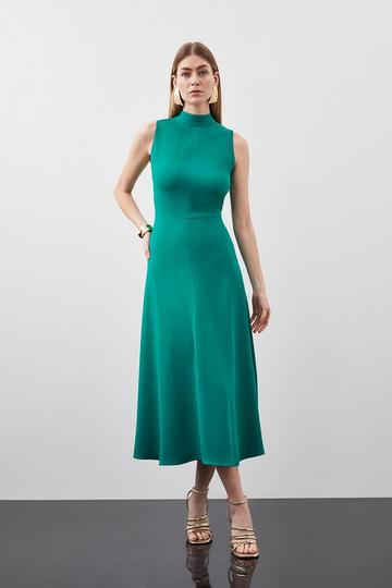 Green Compact Stretch Viscose Tailored High Neck Tie Detail Midi Dress