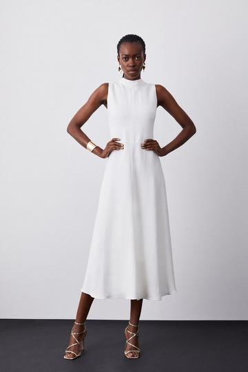 Compact Stretch Viscose Tailored High Neck Tie Detail Midi Dress ivory