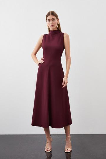 Compact Stretch Viscose Tailored High Neck Tie Detail Midi Dress oxblood