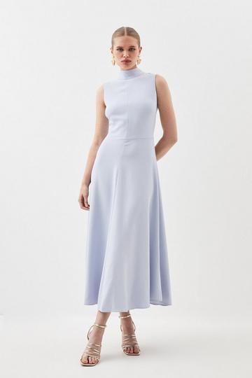 Blue Compact Stretch Viscose Tailored High Neck Tie Detail Midi Dress