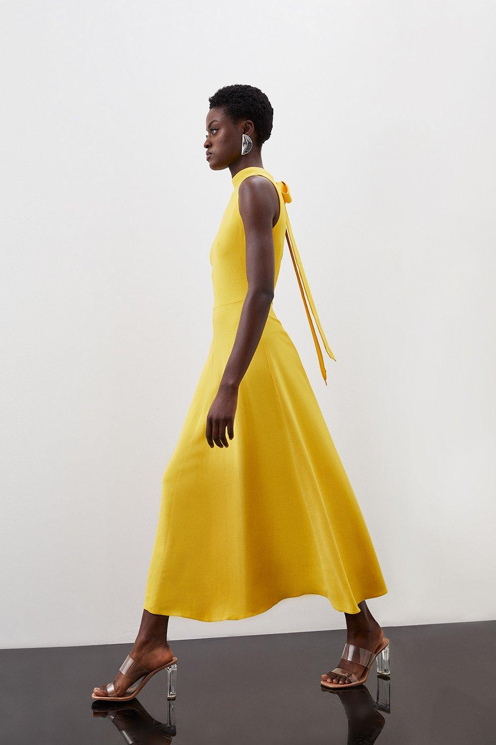 Women's Wrap-Style Midi Dress - Surplice Bodice / Short Sleeves / Yellow