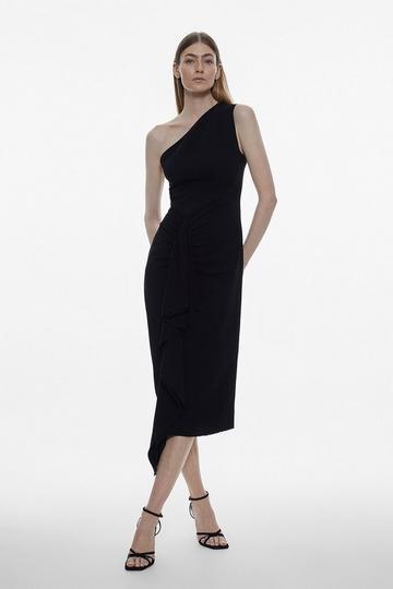 Black Compact Viscose Tailored One Shoulder Drape Front Pencil Dress