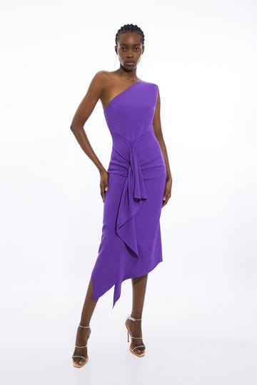 Compact Viscose Tailored One Shoulder Drape Front Pencil Dress purple