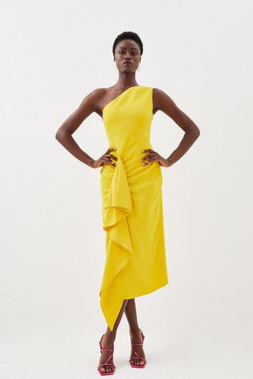 Yellow Compact Viscose Tailored One Shoulder Drape Front Pencil Dress