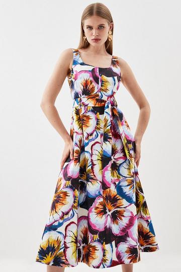 Pansy Floral Printed Full Skirt Belted Midi Dress multi