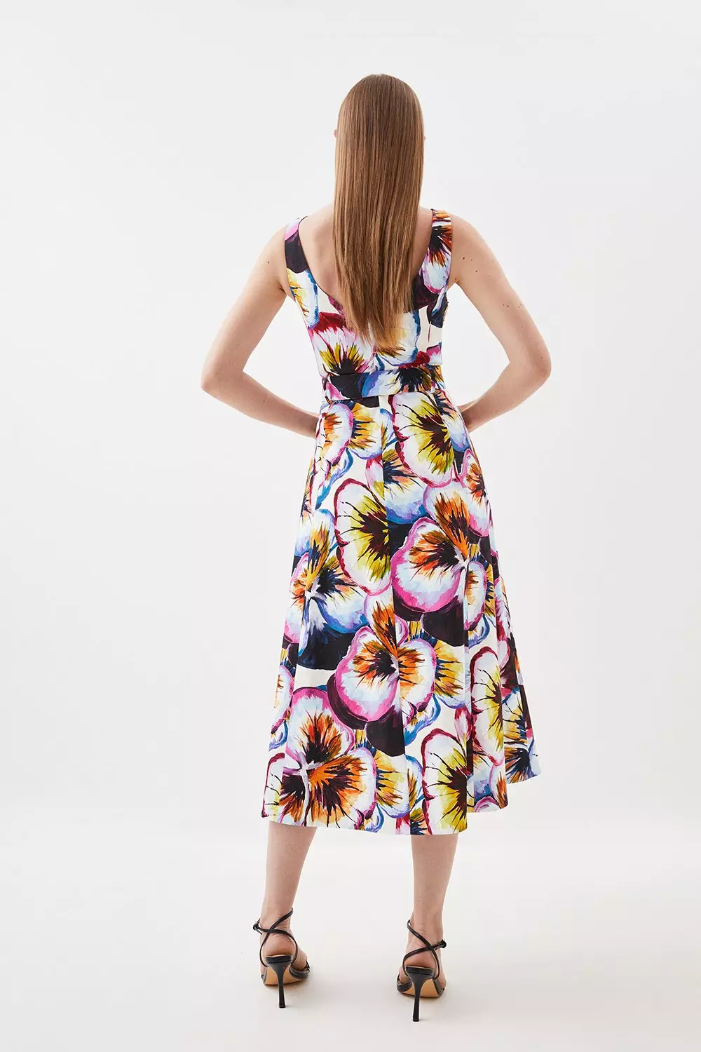 Pansy Floral Printed Full Skirt Belted Midi Dress Karen Millen