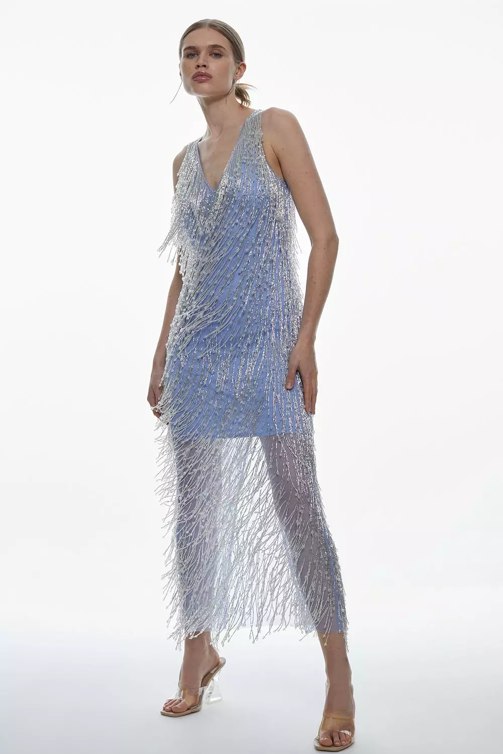 Beaded Fringed V Neck Embellished Maxi Dress