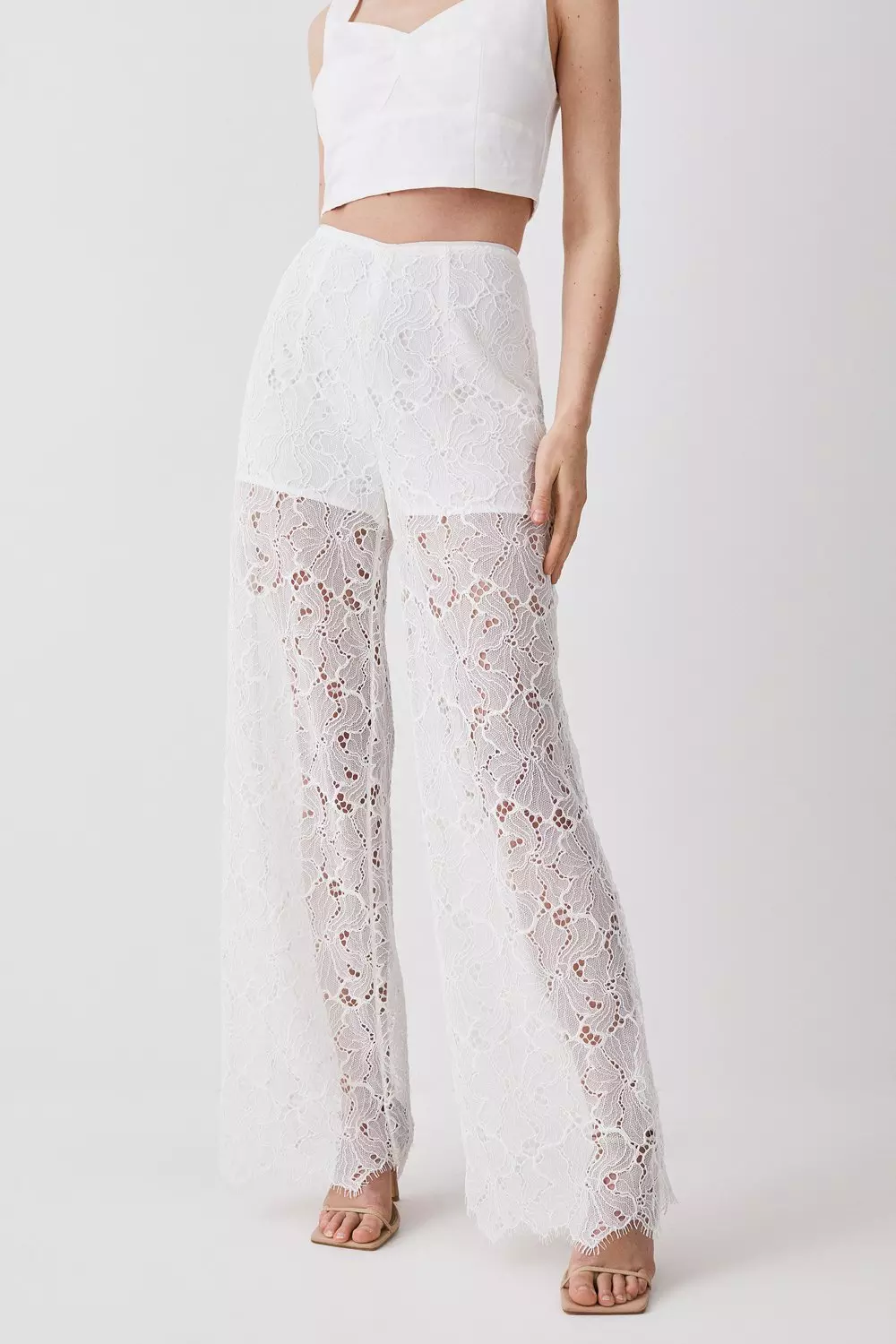 White Woven High Waisted Tailored Wide Leg Pants