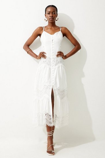 Cotton Poplin Lace Insert Woven Maxi Dress | Karen Millen