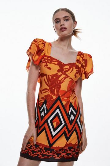 Orange Linen Viscose Placed Boarder Print Woven Mini Dress