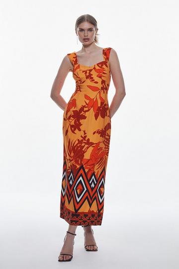 Orange Linen Viscose Placed Boarder Print Woven Midi Dress