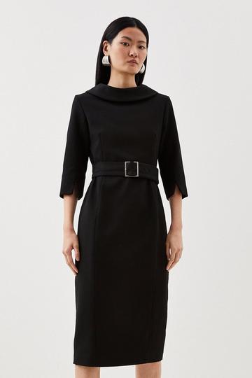 Black Tailored Structured Crepe Roll Neck Pencil Midi Dress
