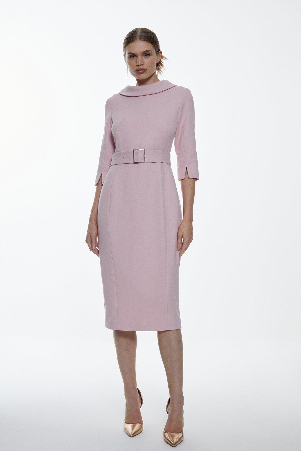 Tailored Structured Crepe Roll Neck Pencil Midi Dress - Pink