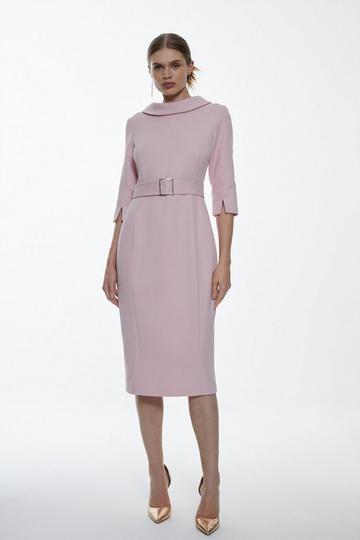 Blush Pink Tailored Structured Crepe Roll Neck Pencil Midi Dress