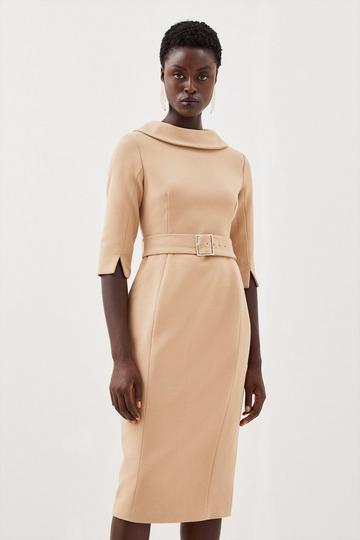 Tailored Structured Crepe Roll Neck Pencil Midi Dress camel