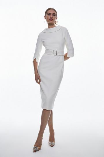 Tailored Structured Crepe Roll Neck Pencil Midi Dress ivory