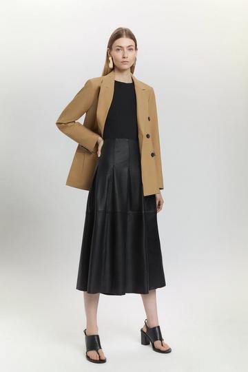 Leather Buckle Side Pleated Maxi Skirt black