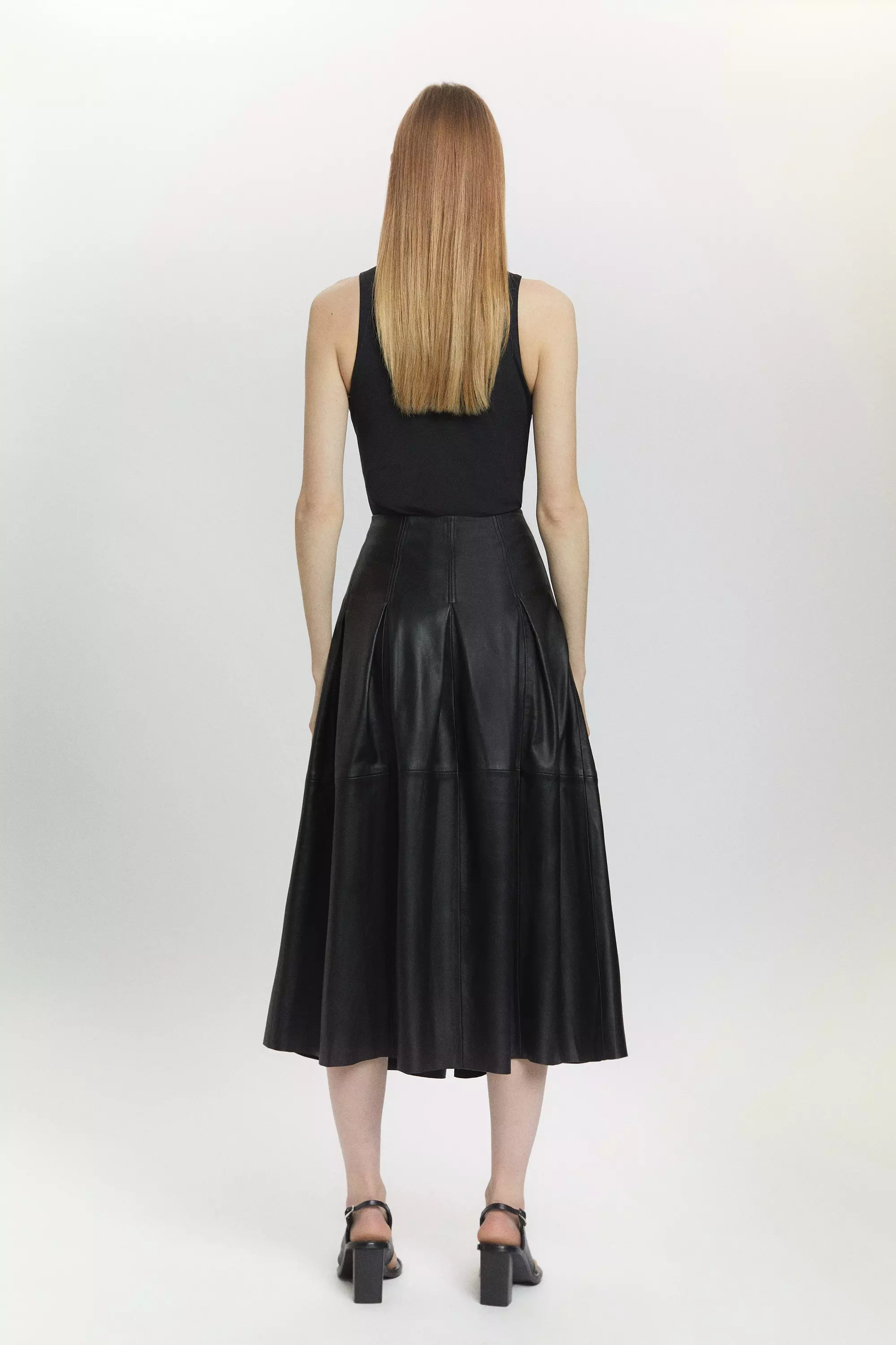 Leather Buckle Side Pleated Maxi Skirt