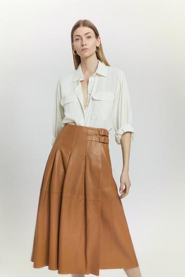 Leather Buckle Side Pleated Maxi Skirt camel