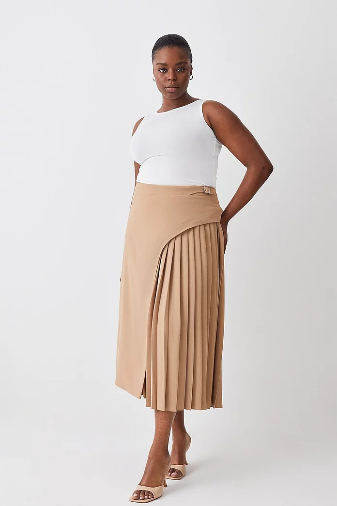 Plus Size Buckle Detail Pleated Midi Skirt | Karen Millen