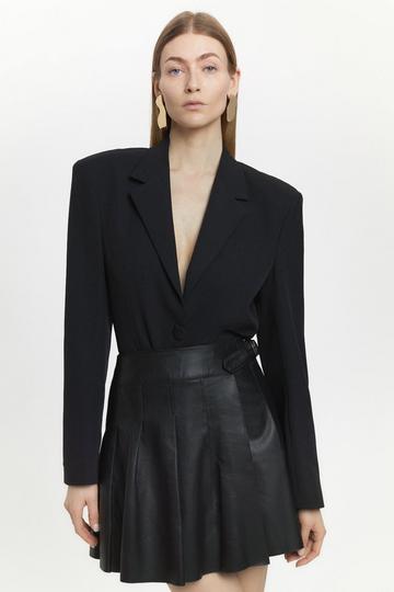 Leather Buckle Side Pleated Mini Skirt black