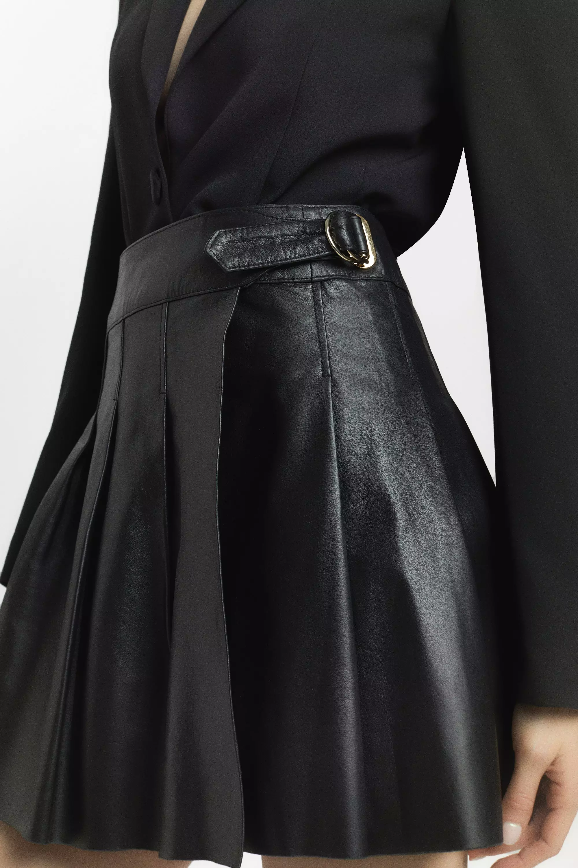 Leather Buckle Side Pleated Mini Skirt