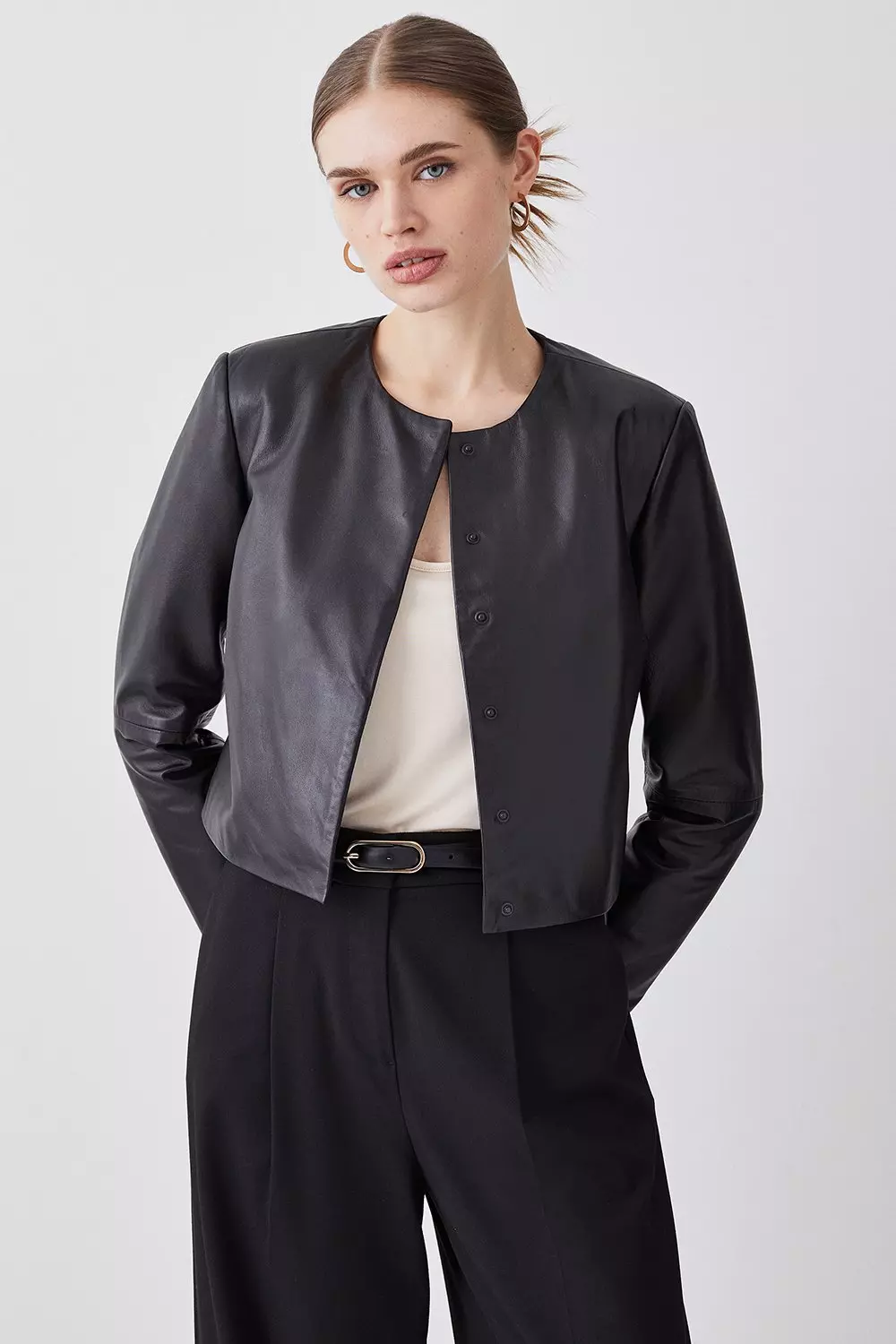 Cropped collarless shop leather jacket