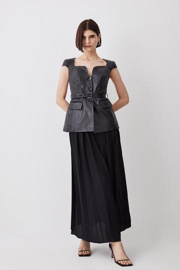 Black Leather Belted Pleat Skirt Midi Dress