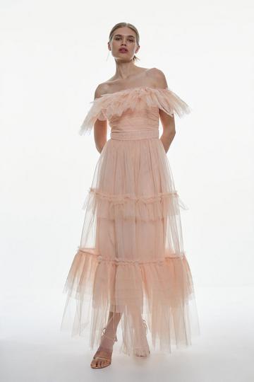 Tulle Corseted Bardot Maxi Dress blush