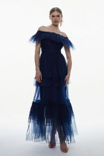 Tulle Corseted Off The Shoulder Maxi Dress navy