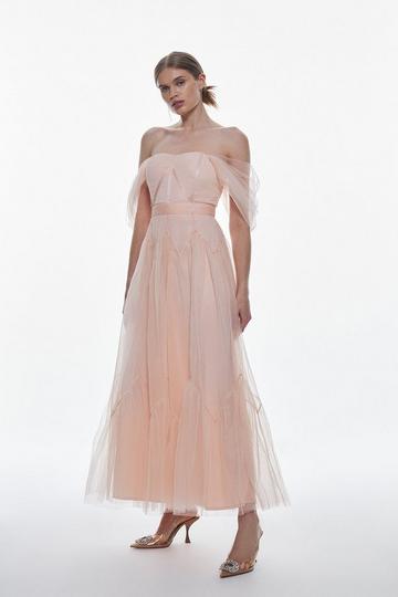 Blush Pink Tulle Corseted Woven Midi Dress