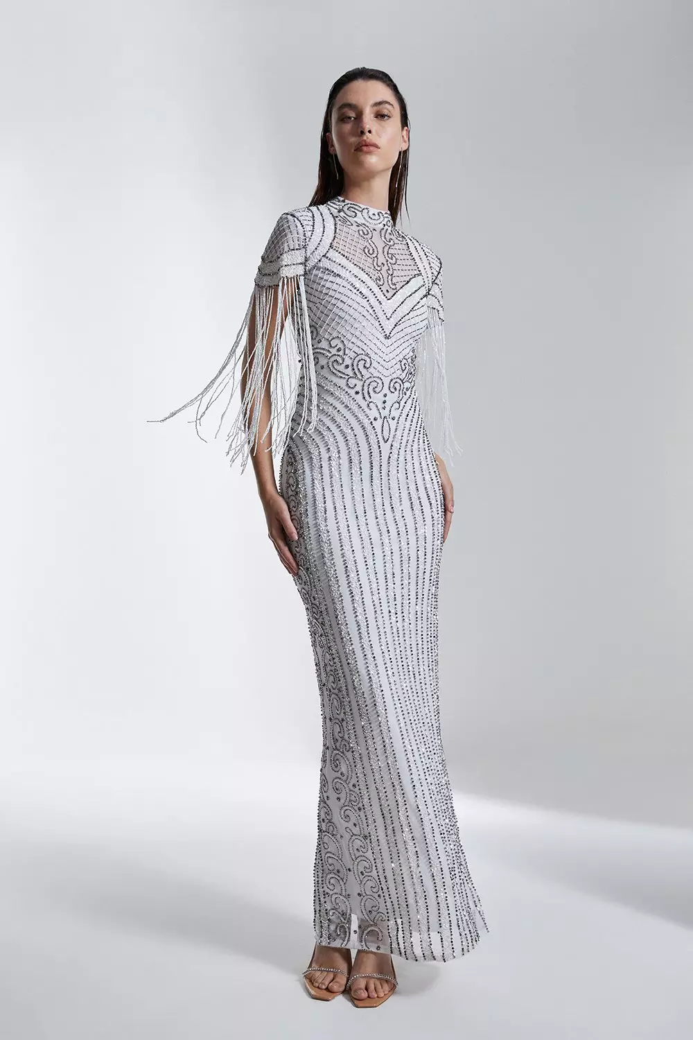 Tall Fringe And Beaded Cap Sleeve Maxi Dress Karen Millen