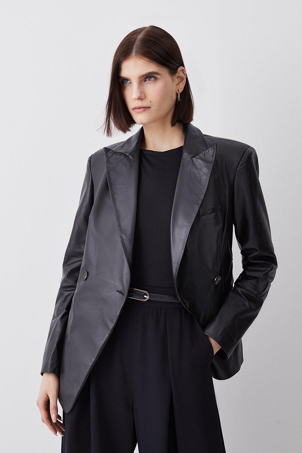 Karen Millen Womens Leather Gold Button Blazer - Black - Size 8