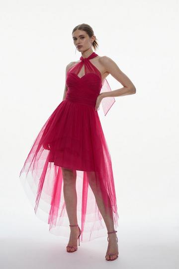 Tulle Halter High Low Midi Dress hot pink