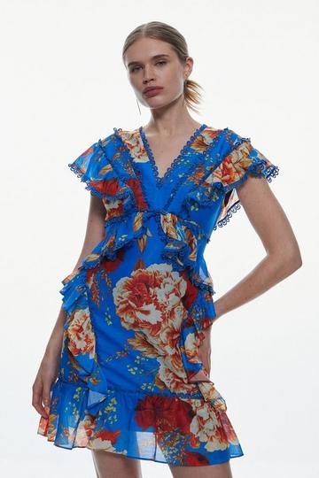 Multi Tall Graphic Lace Trim Floral Woven Mini Dress