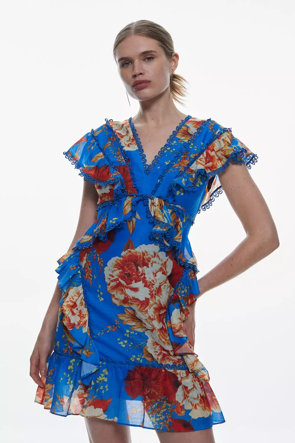 Graphic Lace Trim Floral Woven Mini Dress | Karen Millen