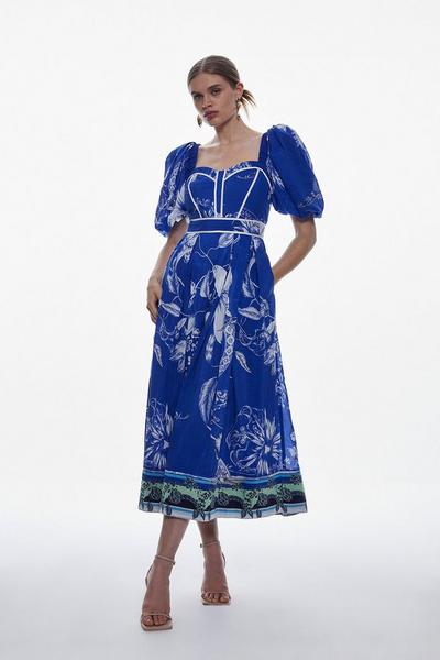 Placed Floral Silk Cotton Midi Dress